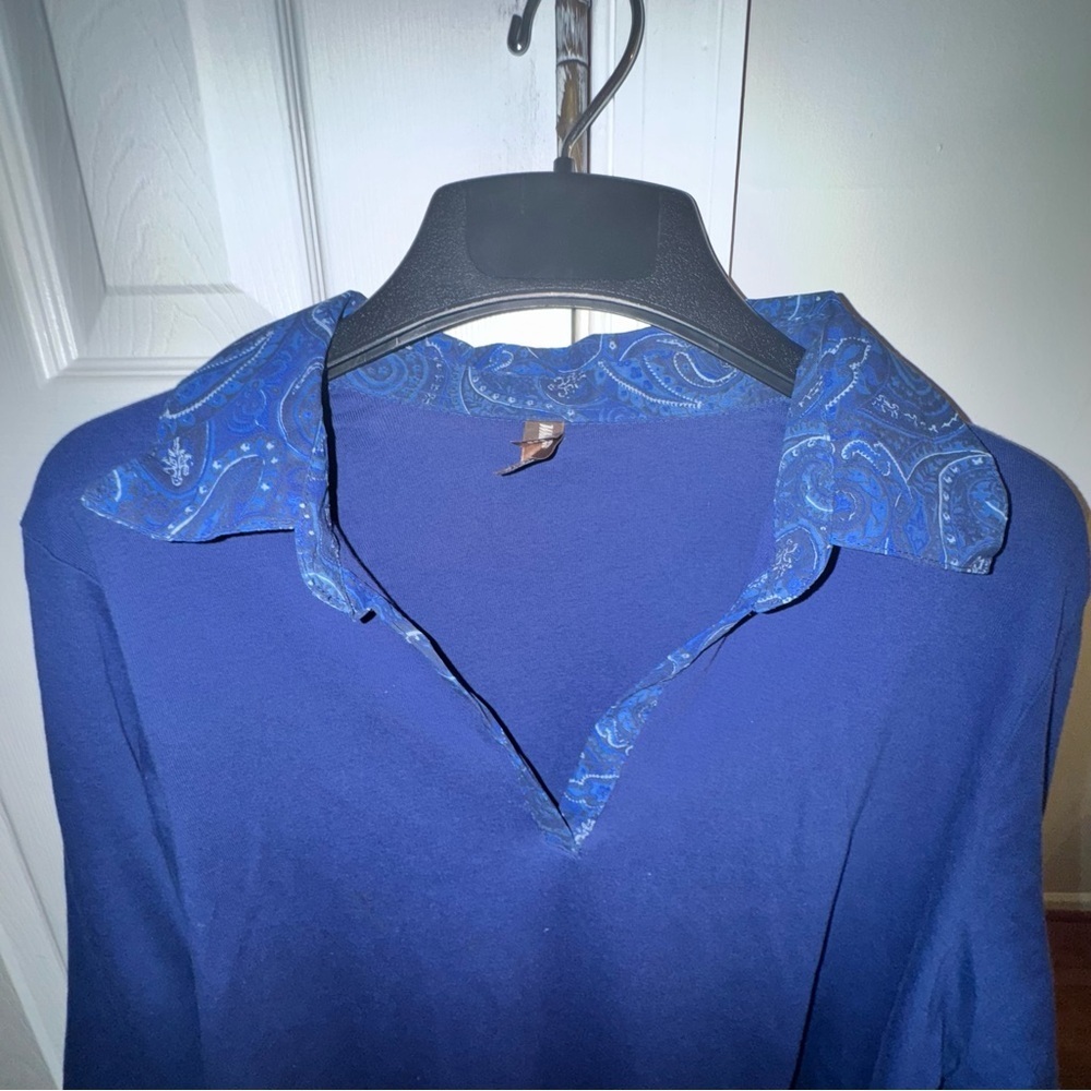White Stag 1X 16W Blue Knit Top Printed Woven Collar 3/4 Sleeve Plus Size Boho - Picture 3 of 6